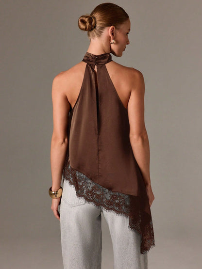 Satin Lace Trim Halter Tank Sleeveless Summer Top