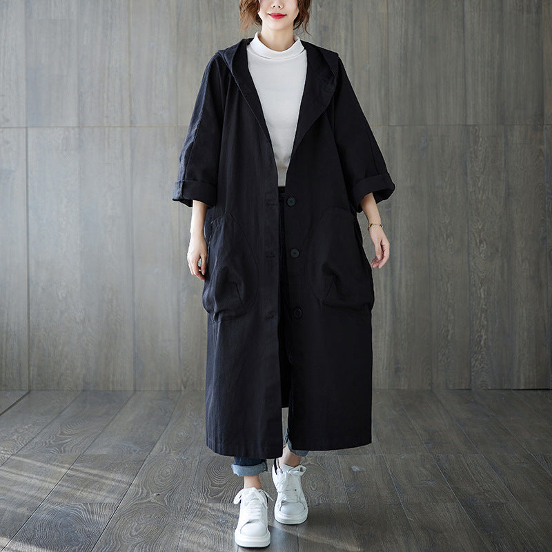 Women's Oversized Hooded Long Trench Coat Pockets