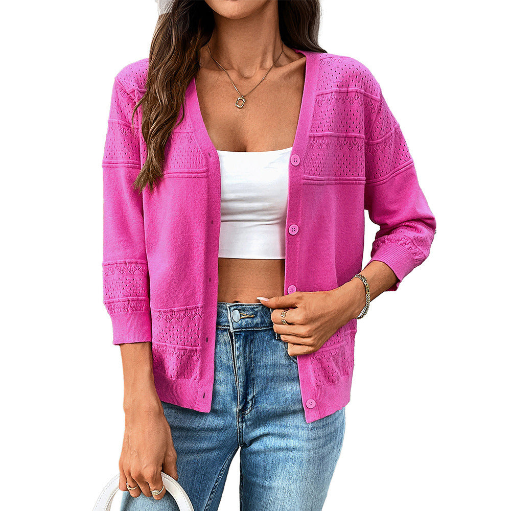 2025 Summer Hollow Knit V-Neck Cardigan with 3/4 Sleeves
