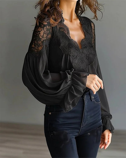 Embroidered Lace V Neck Balloon Sleeve Blouse