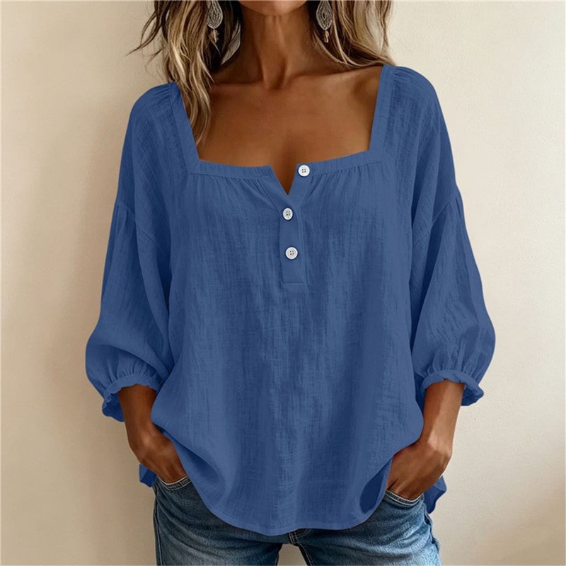 Women's Square Neck Puff Sleeve Button Loose Blouse Top