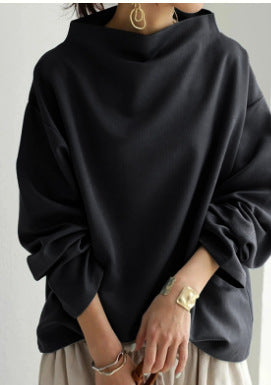 Women Oversized Mock Neck Black Sweatshirt Pullover