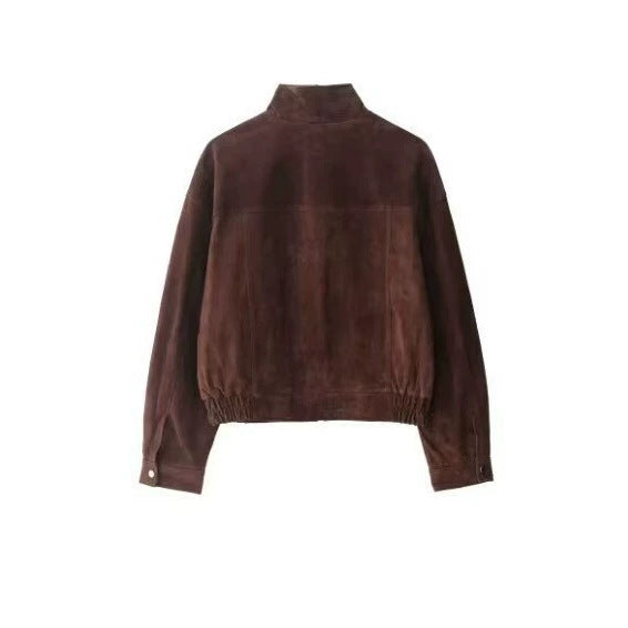 Women Vintage Brown Faux Suede Cropped Bomber Jacket