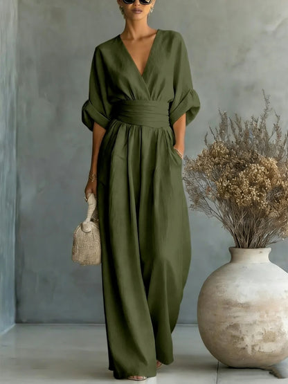 Elegant V-Neck Ruched Wide Leg Jumpsuit