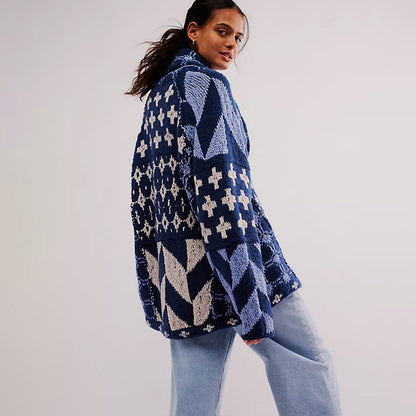 Y2K Oversized Geometric Knit Cardigan Button Front