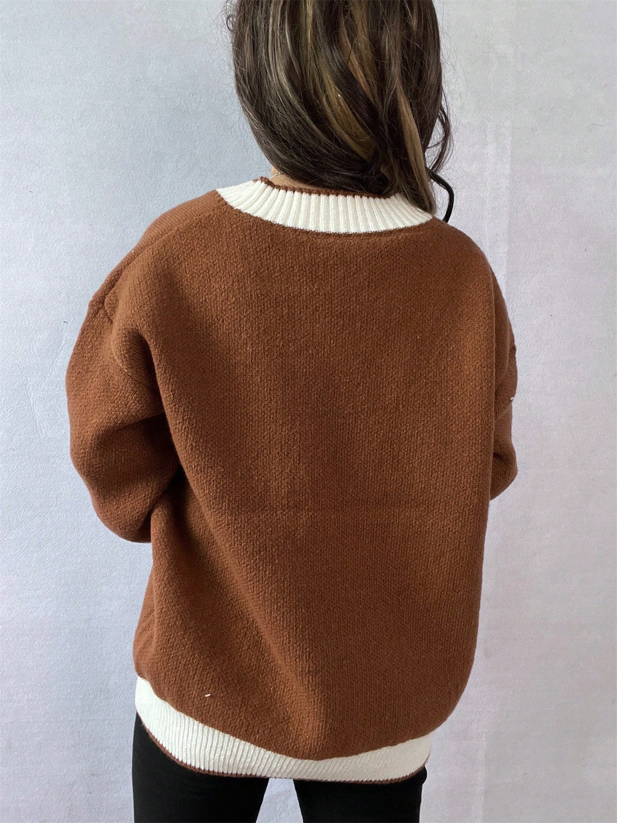 Color Block V Neck Button Front Ribbed Cardigan