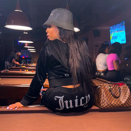 Women's Rhinestone Velour Tracksuit Hoodie & Pants Set