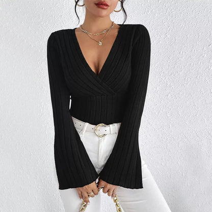 Women's Ribbed V Neck Flare Sleeve Fitted Top