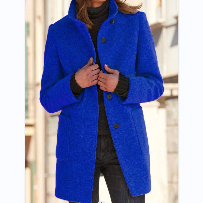 Women's Vintage Wool Blend Button Front Stand Collar Coat