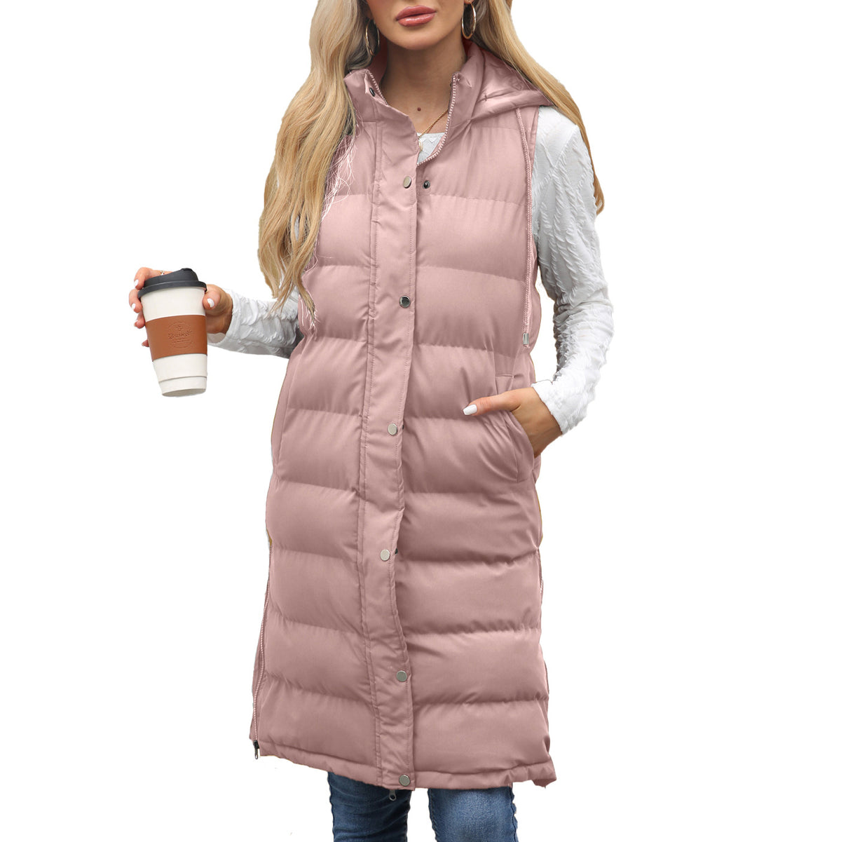Women's Long Hooded Sleeveless Quilted Puffer Vest