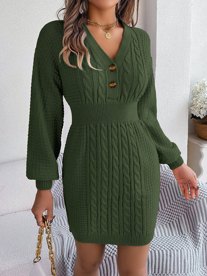 Button V Neck Sweater Dress | Cable Knit Bodycon Outfit