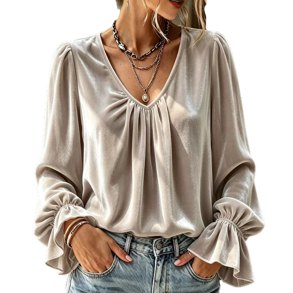 Women's V-Neck Bell Sleeve Ruched Blouse Top