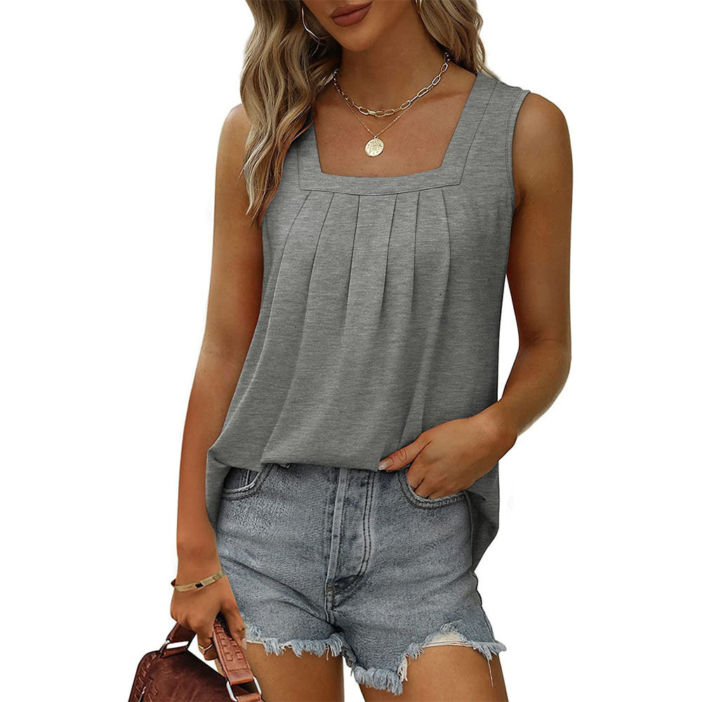 Orange Square Neck Pleated Sleeveless Flowy Tank Top