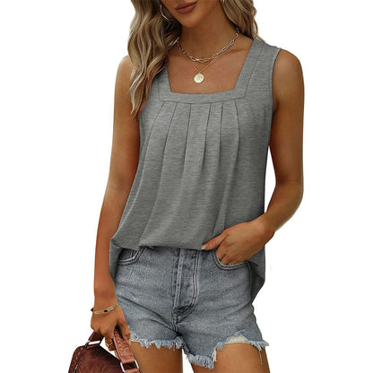 Orange Square Neck Pleated Sleeveless Flowy Tank Top