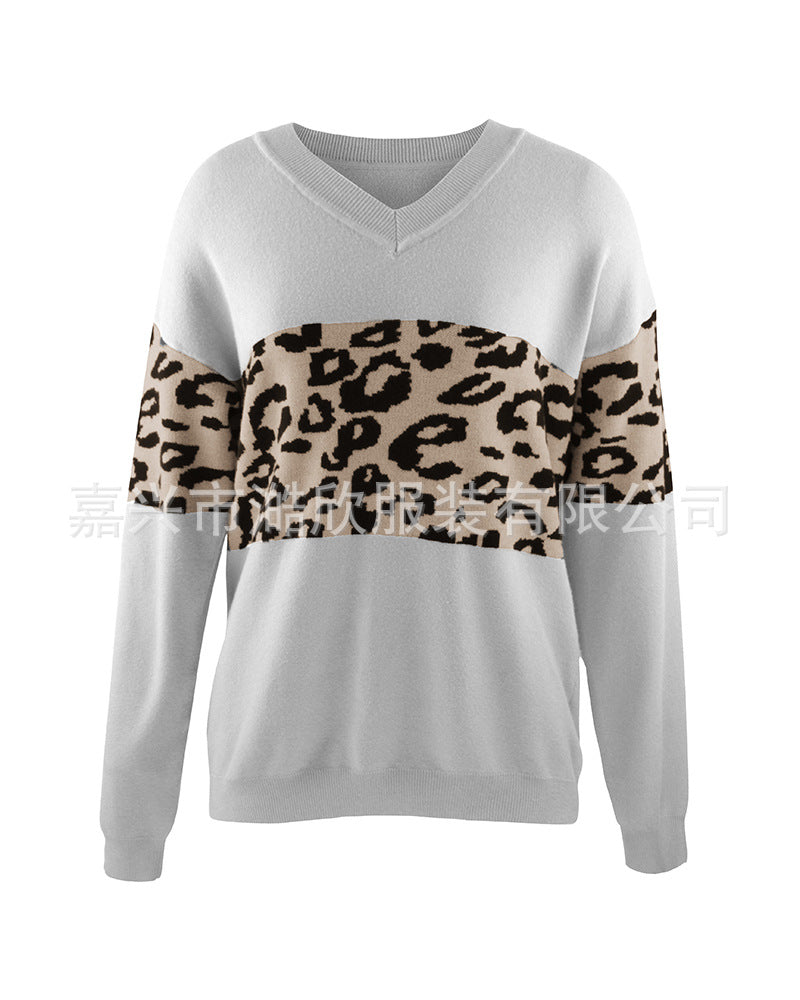 Women's V-Neck Leopard Color Block Sweater