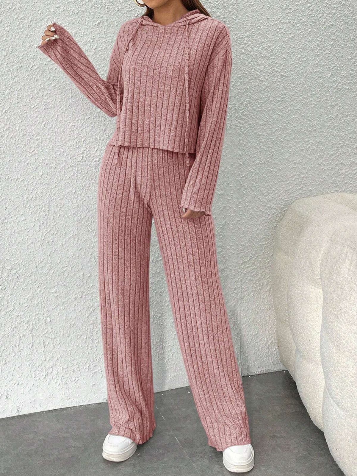 Women's Ribbed Knit Hoodie Wide Leg Pants Lounge Set