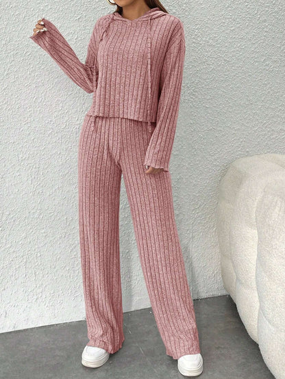 Women's Ribbed Knit Hoodie Wide Leg Pants Lounge Set
