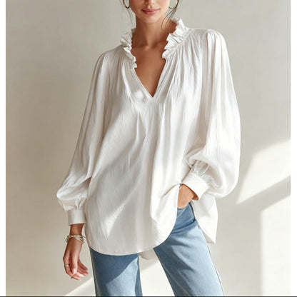 Solid Crinkle Blouse Ruffle V Neck Long Sleeve Top