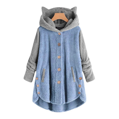 Women's Cat Ear Hooded Sherpa Jacket Color Block