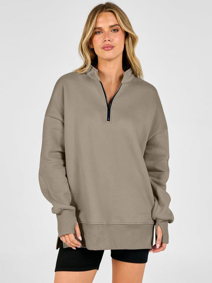 Half Zip Side Slit Relaxed Fit Pullover Sweatshirt
