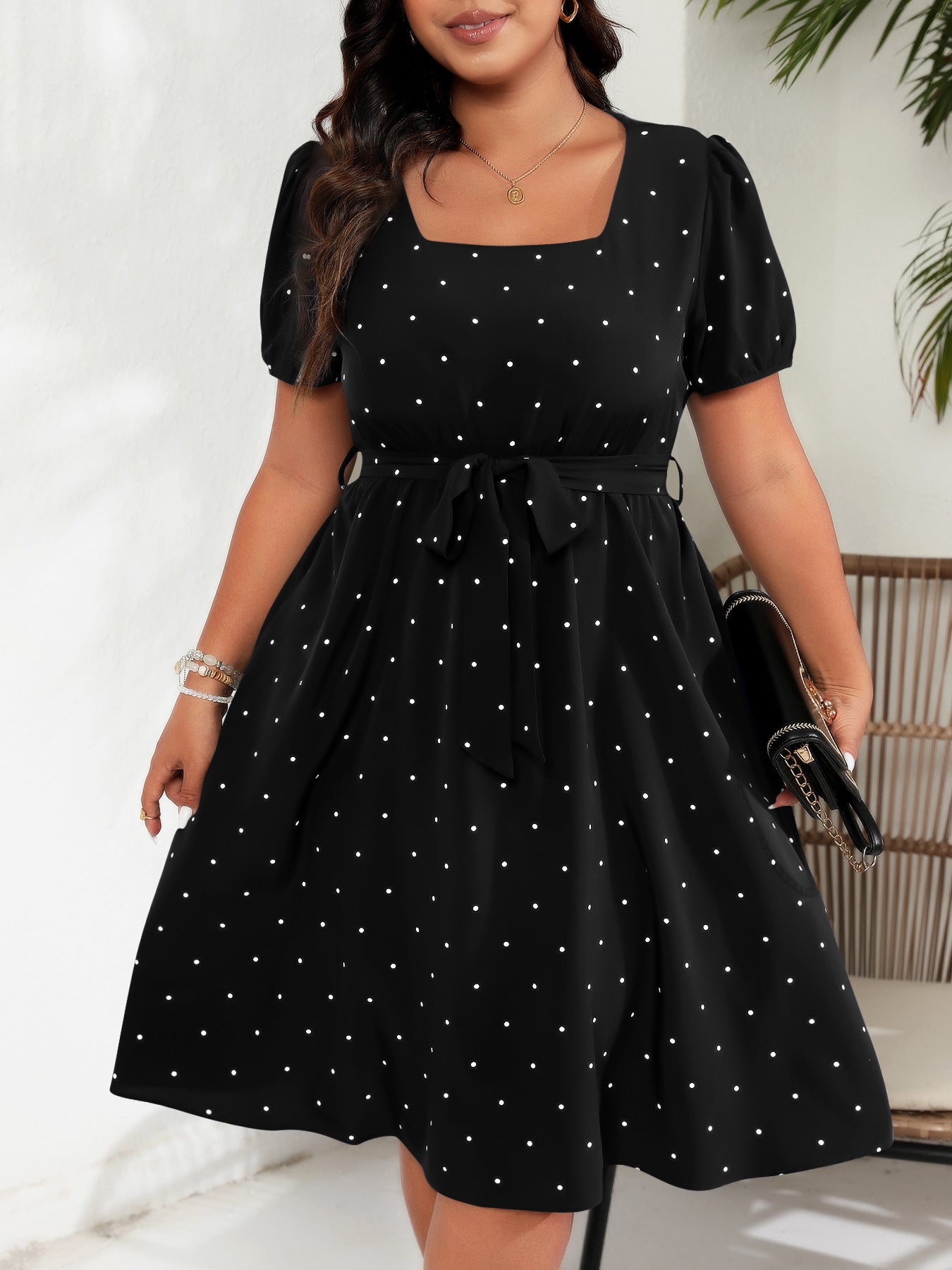 Plus Size Polka Dot Square Neck Tie Waist Midi Dress