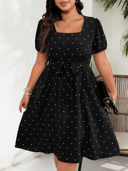 Plus Size Polka Dot Square Neck Tie Waist Midi Dress