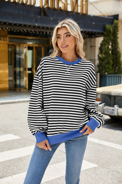 Striped Color Block Crew Neck Oversized Sweatshirt