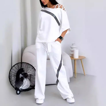 Women's Cut Out Shoulder Lounge Set Wide Leg Pants
