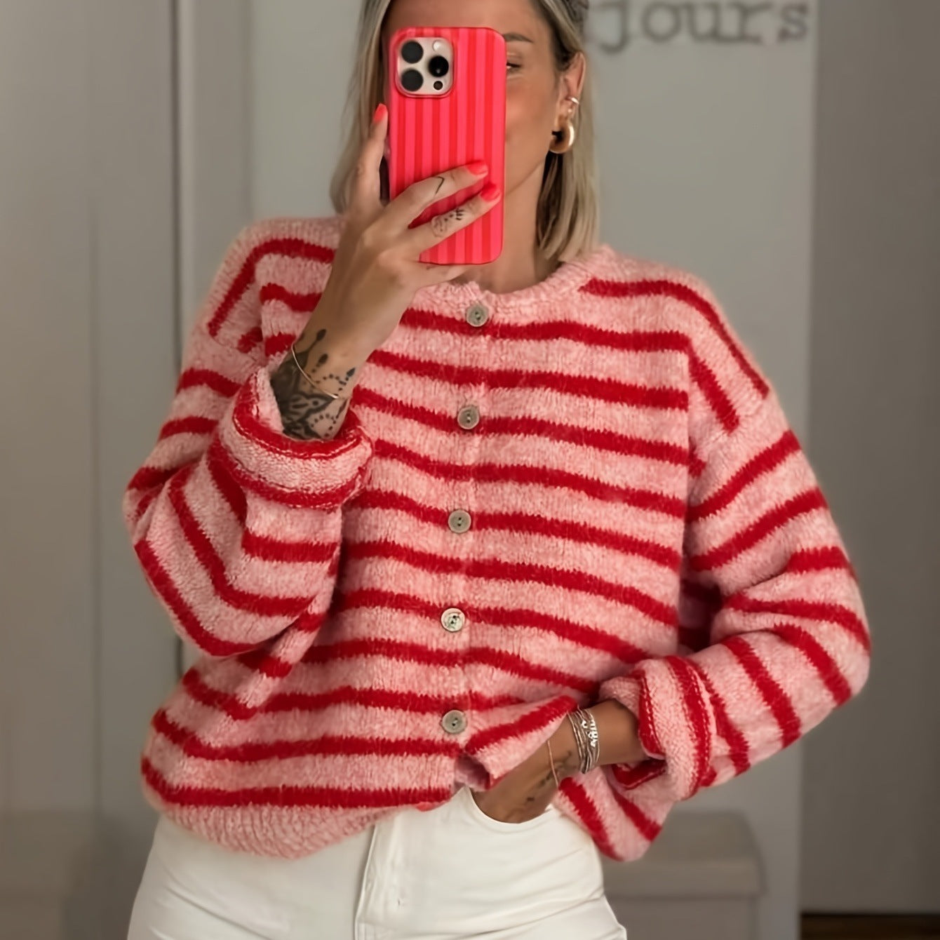 Striped Knit Cardigan Button Front Oversized Sweater