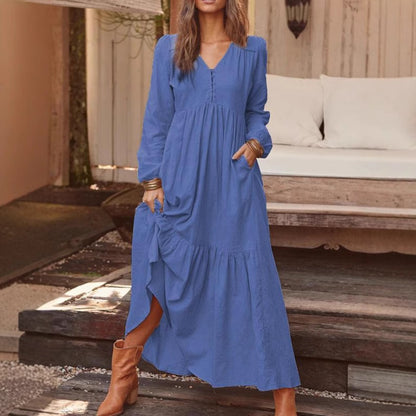 Women's Long Sleeve V-Neck Button Tiered Maxi Dress Pockets