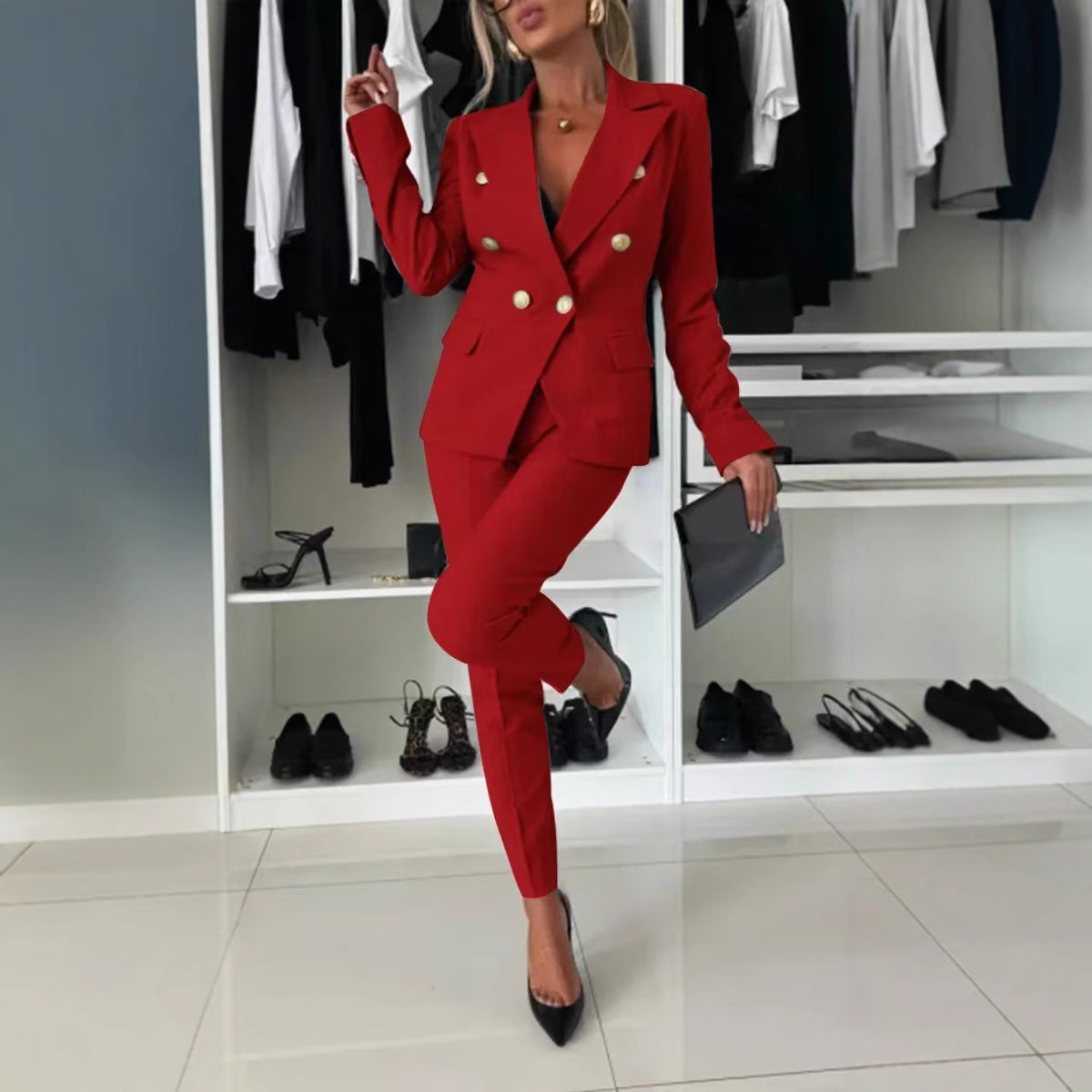Women's Double Breasted Blazer Pants 2 Piece Set