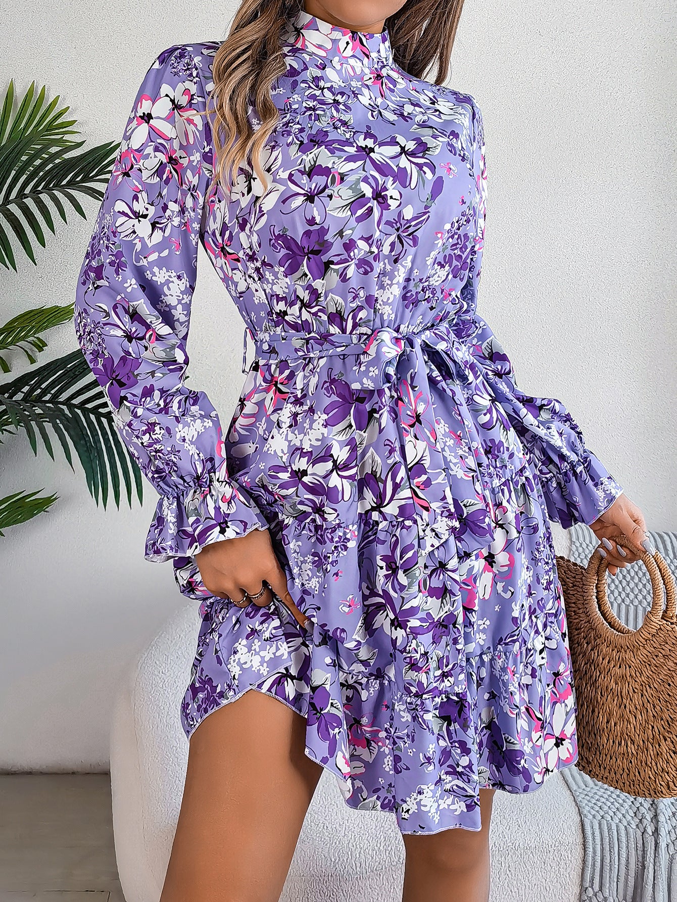 Elegant Floral High Neck Ruffle Waist A-Line Dress