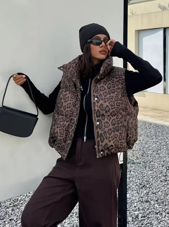 Women's Leopard Print Cropped Puffer Vest Streetwear