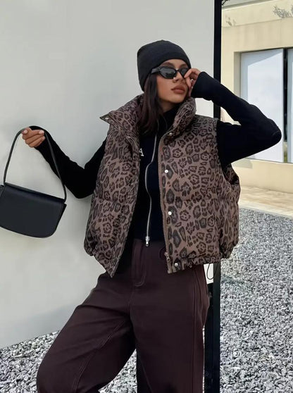 Women's Leopard Print Cropped Puffer Vest Streetwear