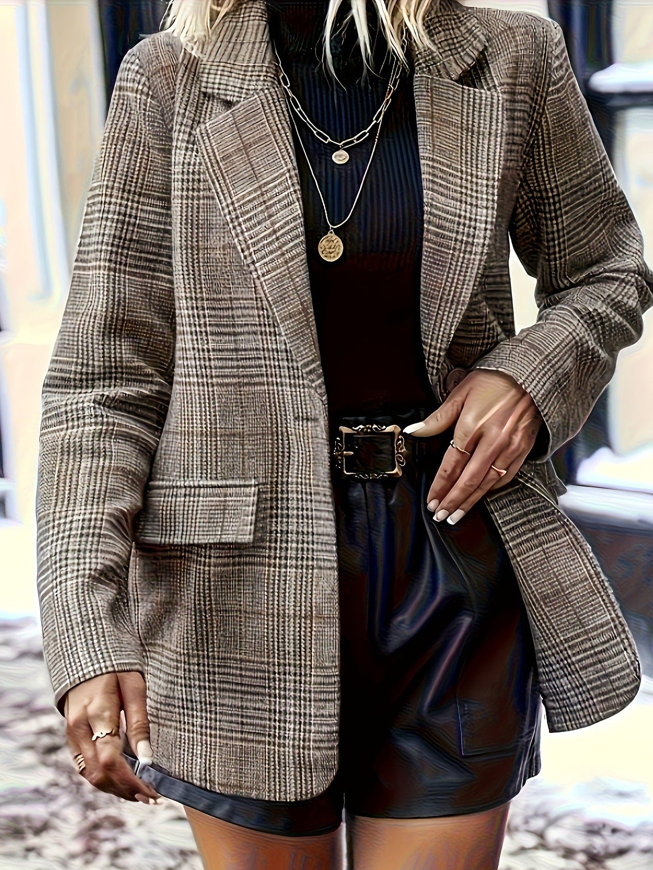 Women's Oversized Plaid Single Button Blazer Coat
