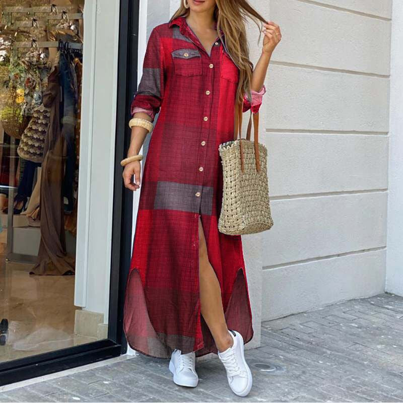 Women's Long Sleeve Button Down Printed Maxi Shirt Dress