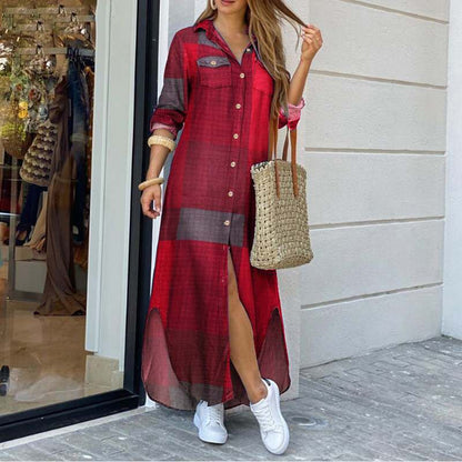Women's Long Sleeve Button Down Printed Maxi Shirt Dress