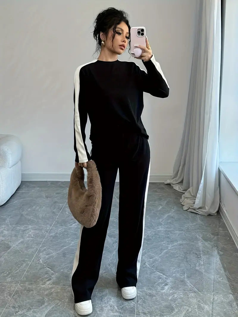 Color Block Raglan Top Wide Leg Pants Lounge Set