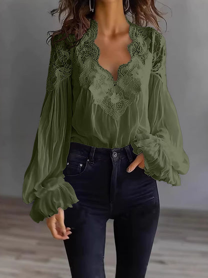 Women's Lace V Neck Puff Sleeve Pleated Blouse
