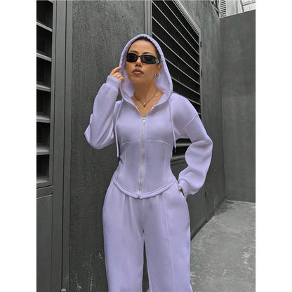Fitted Zip Hoodie Wide Leg Sweatpants Two Piece Set