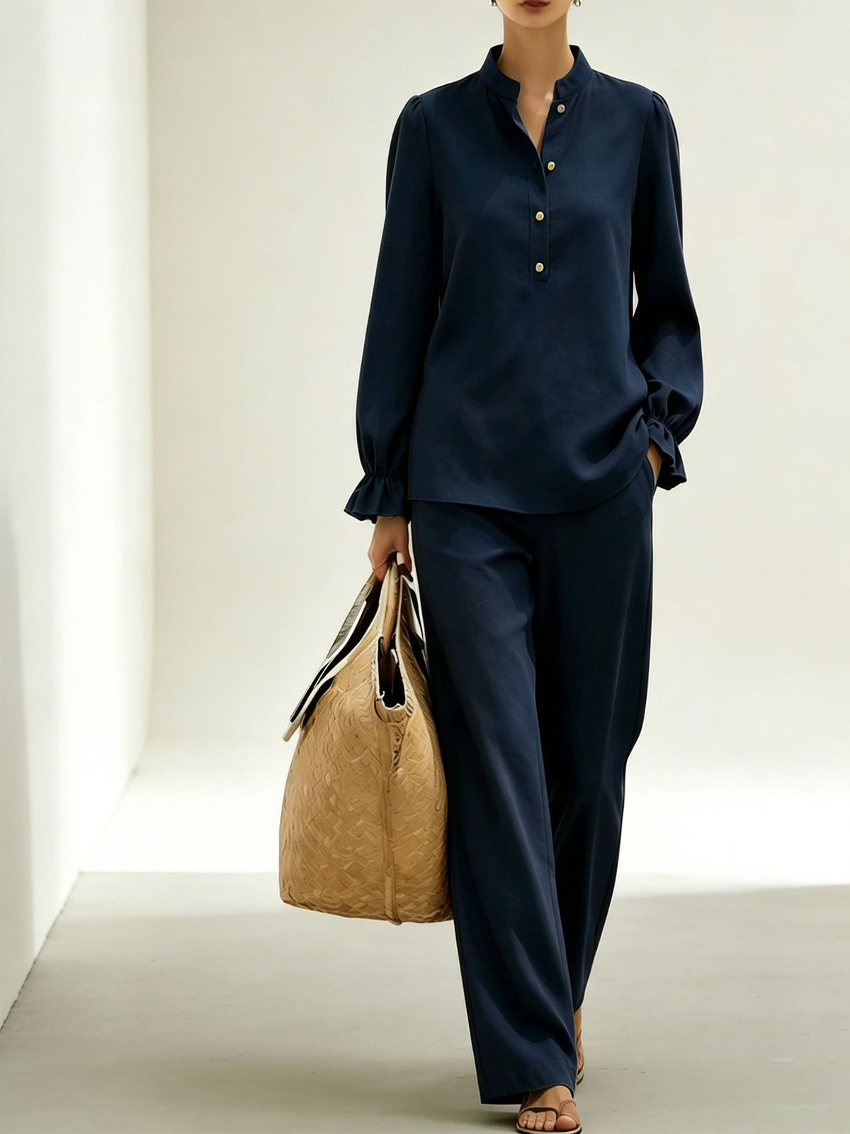 Women Puff Sleeve Blouse Wide Leg Pants Two Piece Set