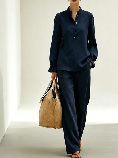 Women Puff Sleeve Blouse Wide Leg Pants Two Piece Set