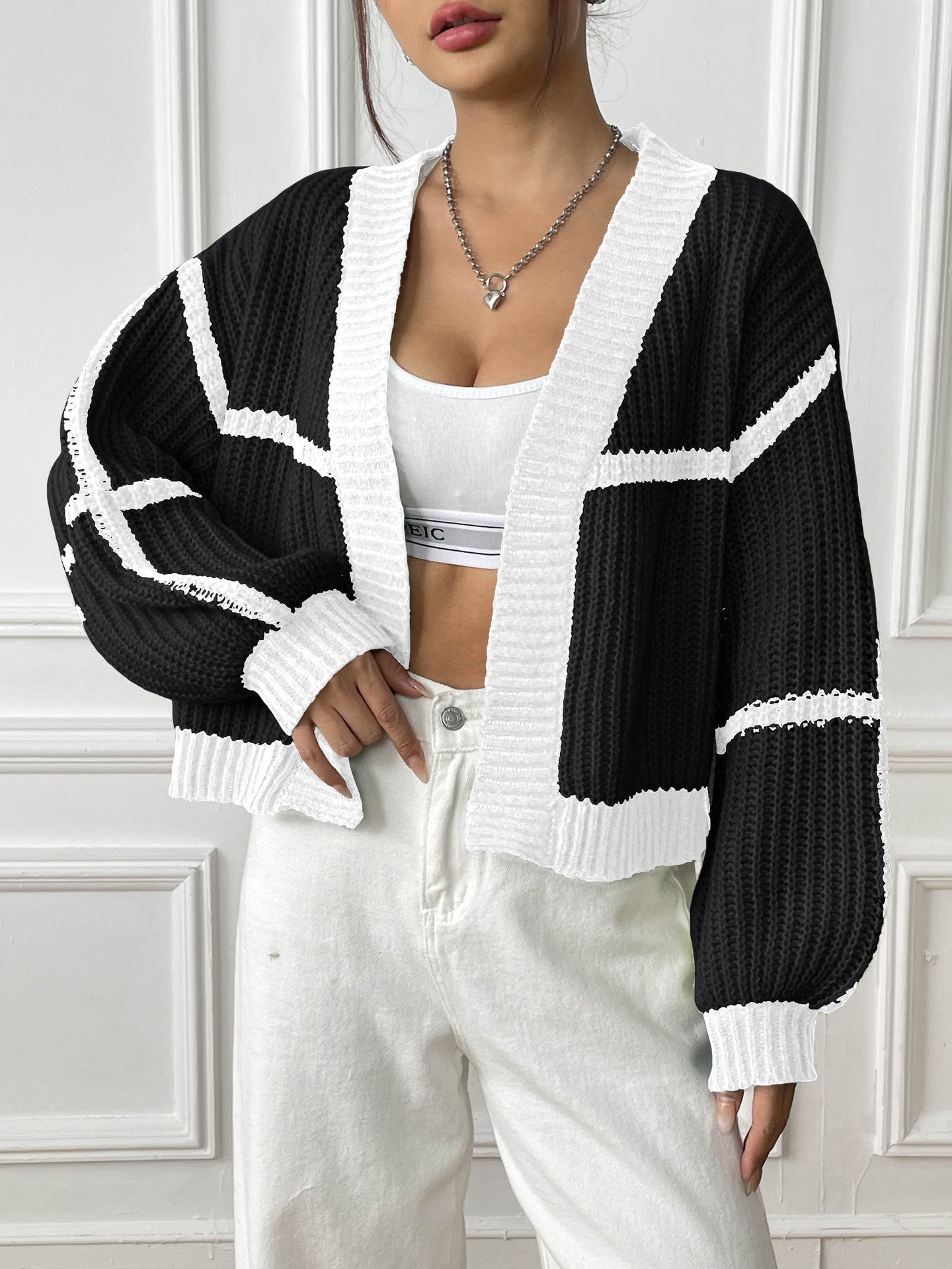 Color Block Cardigan Sweater with Loose Fit for Fall