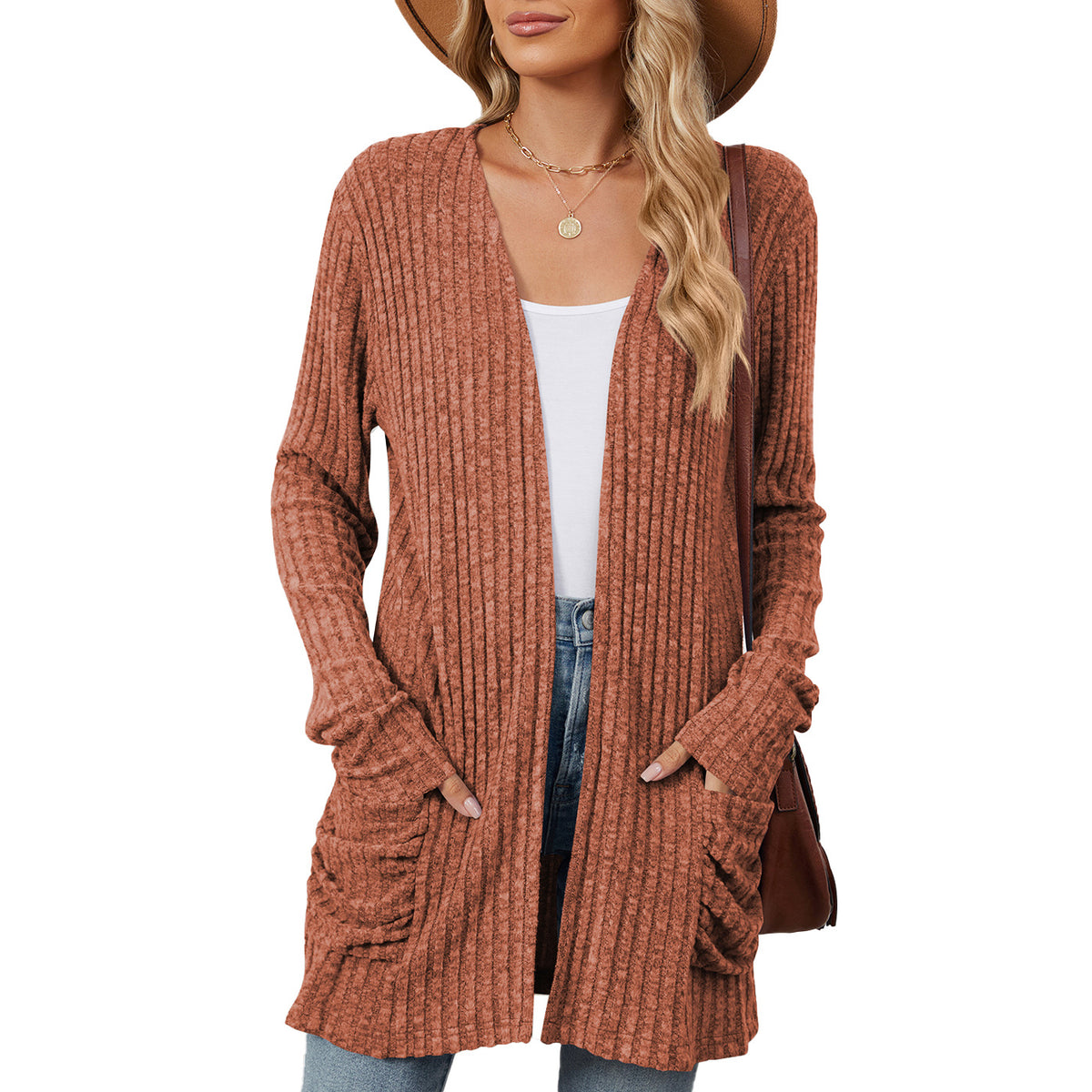 Women's Open Front Long Cardigan Sweater with Pockets