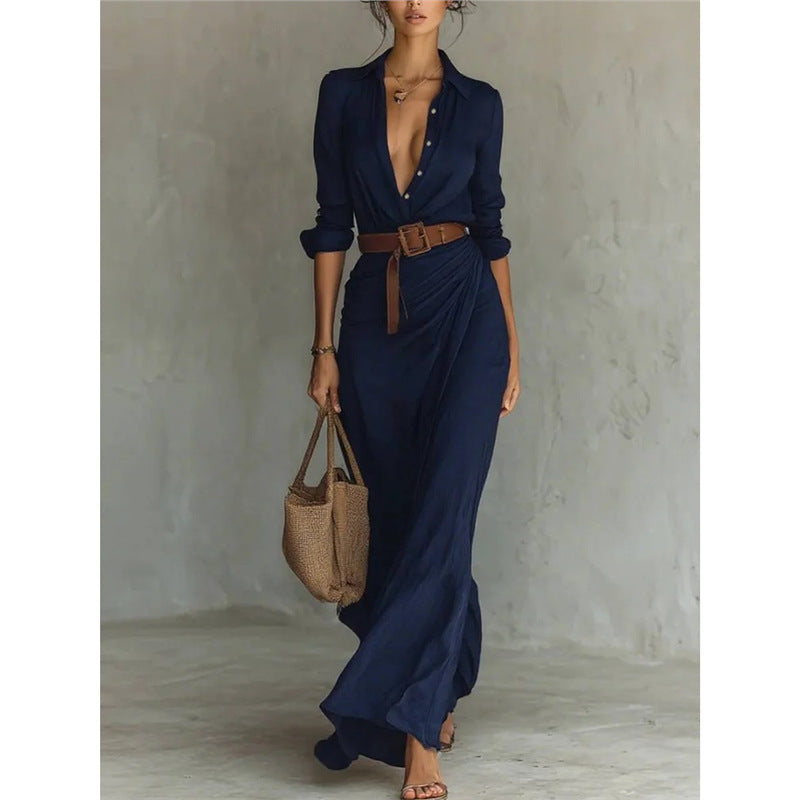Women's Belted V-Neck Long Sleeve Asymmetrical Midi Dress