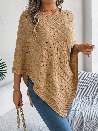 Women's Oversized Cable Knit V-Neck Poncho Sweater