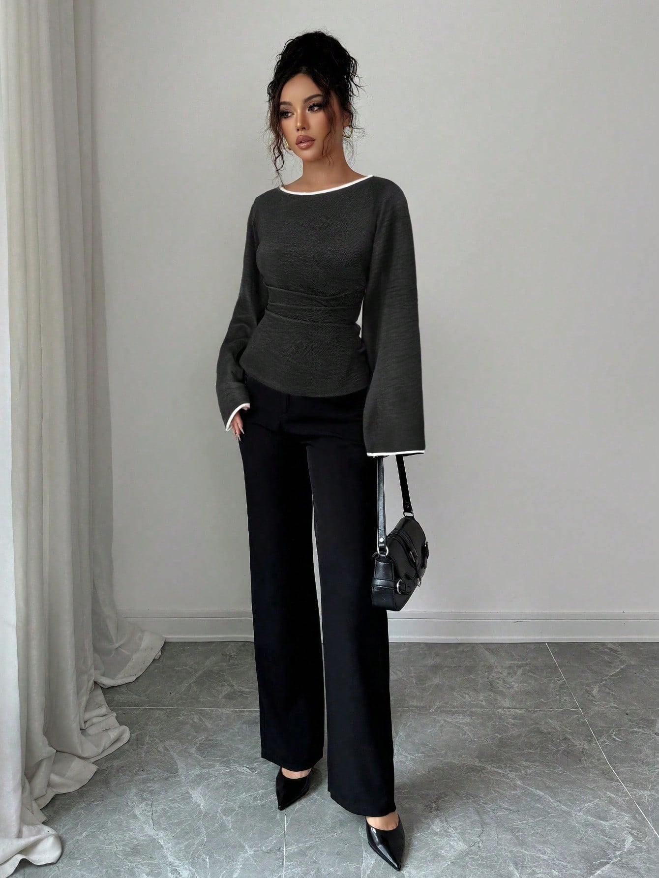 Women's Elegant Boat Neck Bell Sleeve Cinched Waist Blouse