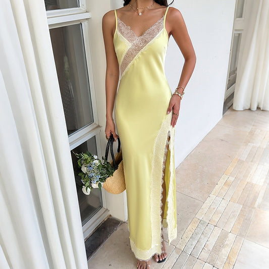 Lace Trim Satin Slip Maxi Dress with Side Slit