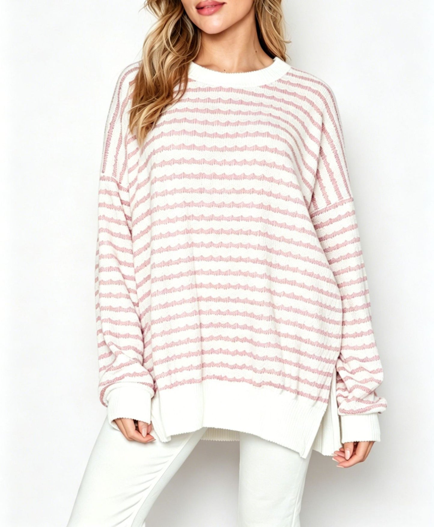 Oversized Stripe Knit Sweater Crew Neck Side Slit Pullover