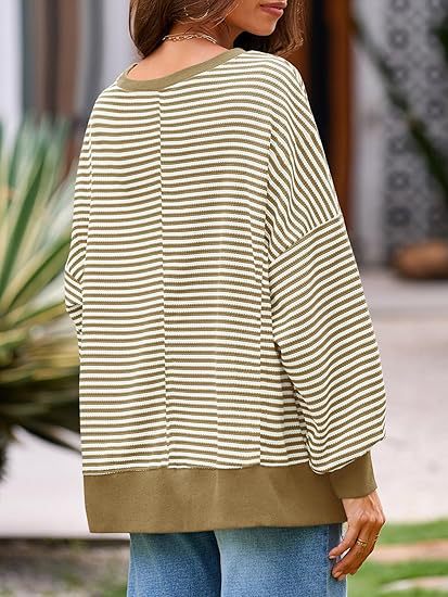Oversized Waffle Knit Striped Crewneck Side Slit Pullover